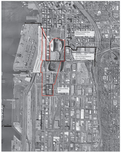 Aerial image with boudaries of our stadium district study.